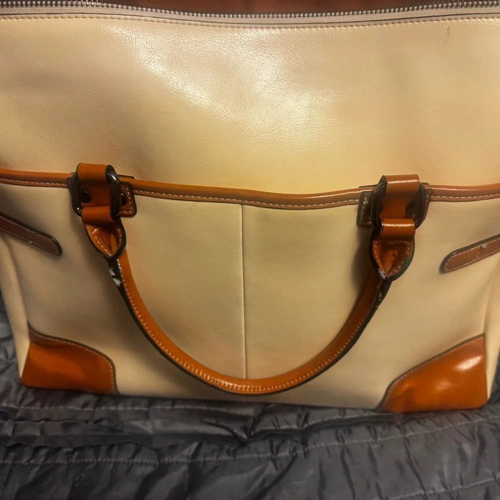 Bostonian Cream and Brown Two-Tone Satchel with Top Handles